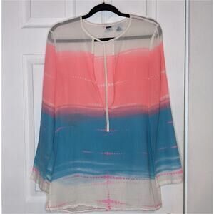 Armani Exchange Women's White Pink and Blue Gradient Ombre Sheer Swim Cover Up S